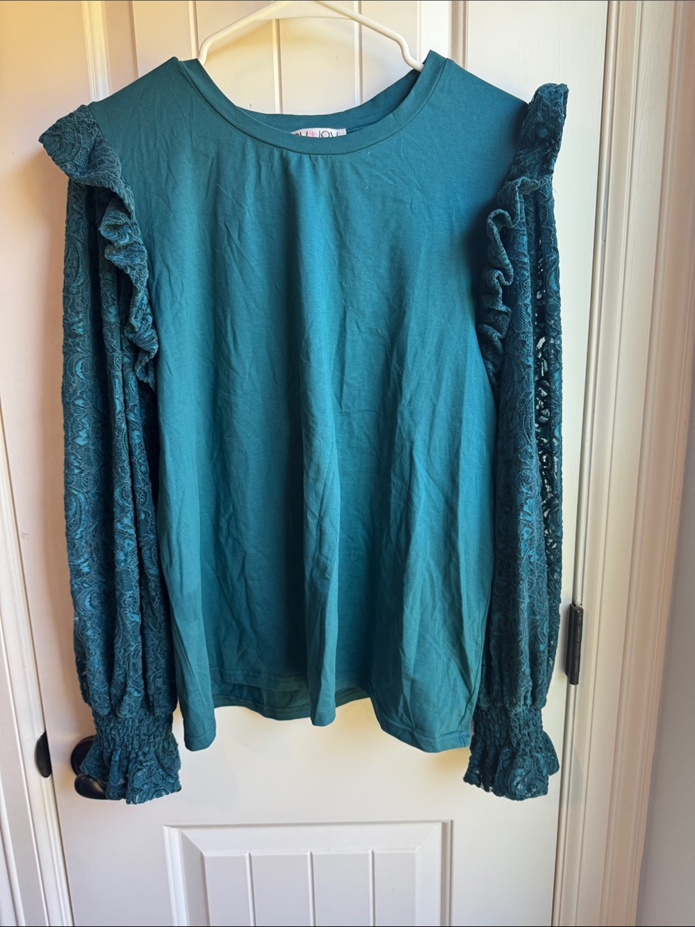 Women's Teal Lace Sleeve Ruffle Blouse